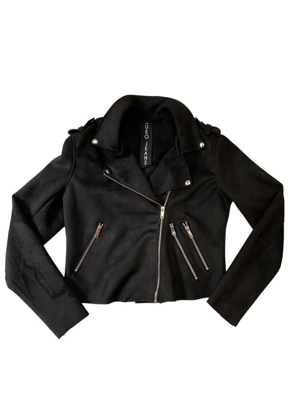 Suko Jeans jacket perfecto cropped navy blue zippers faux leather biker medium